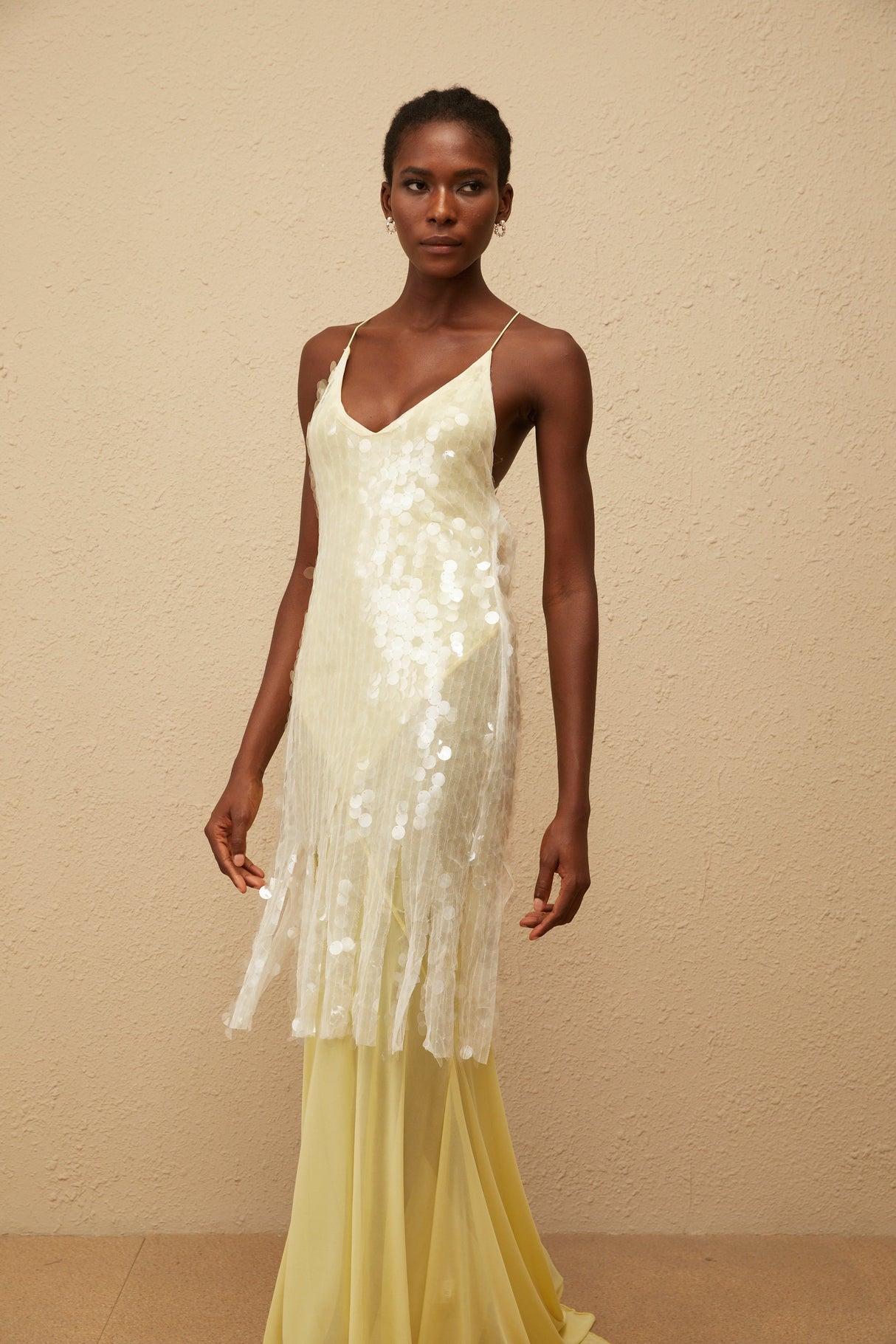 Aurohaya Joyau Yellow Sequin Mesh Maxi Dress