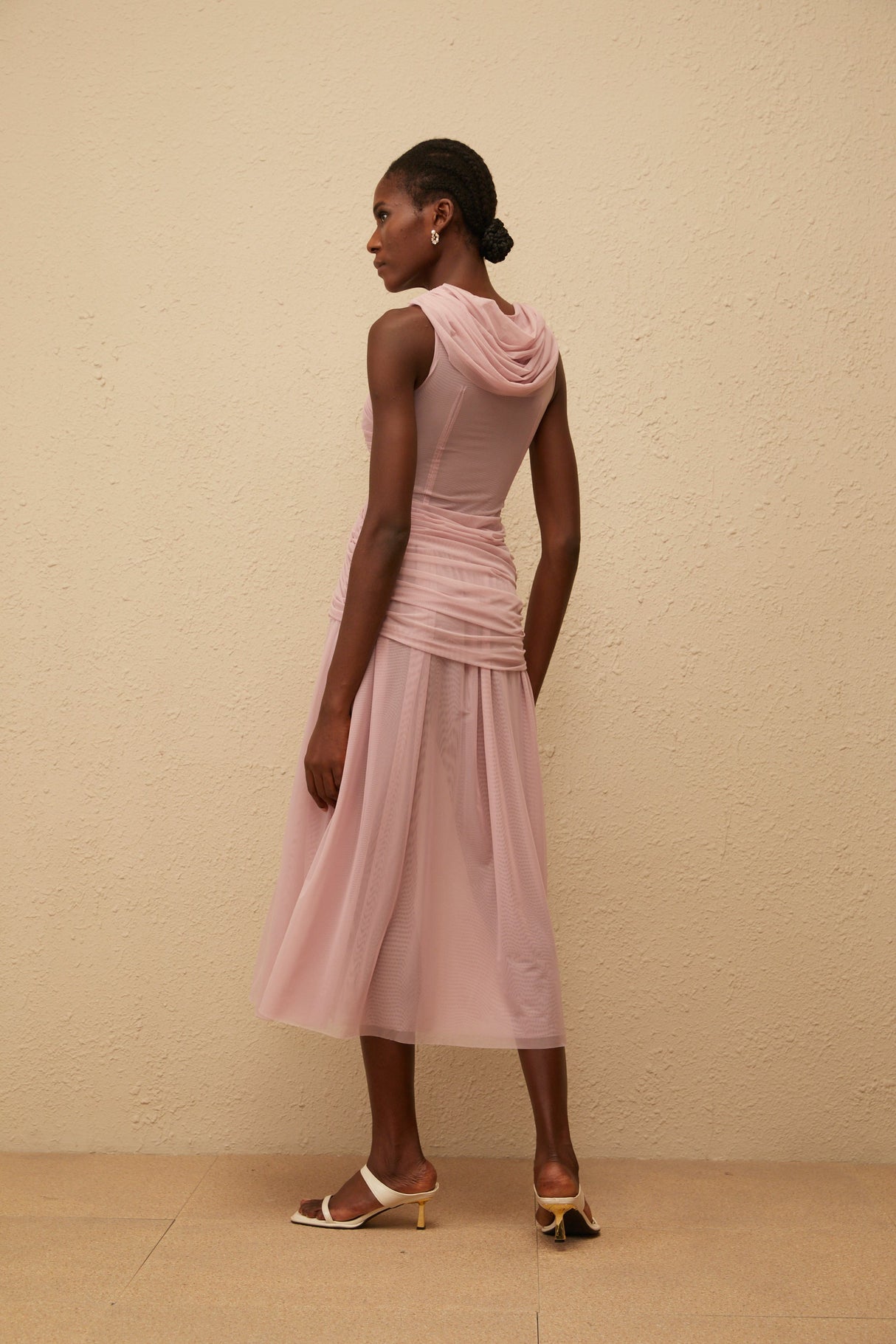 Aurohaya Sérénité Lilac Cross-Over Mesh Midi Dress
