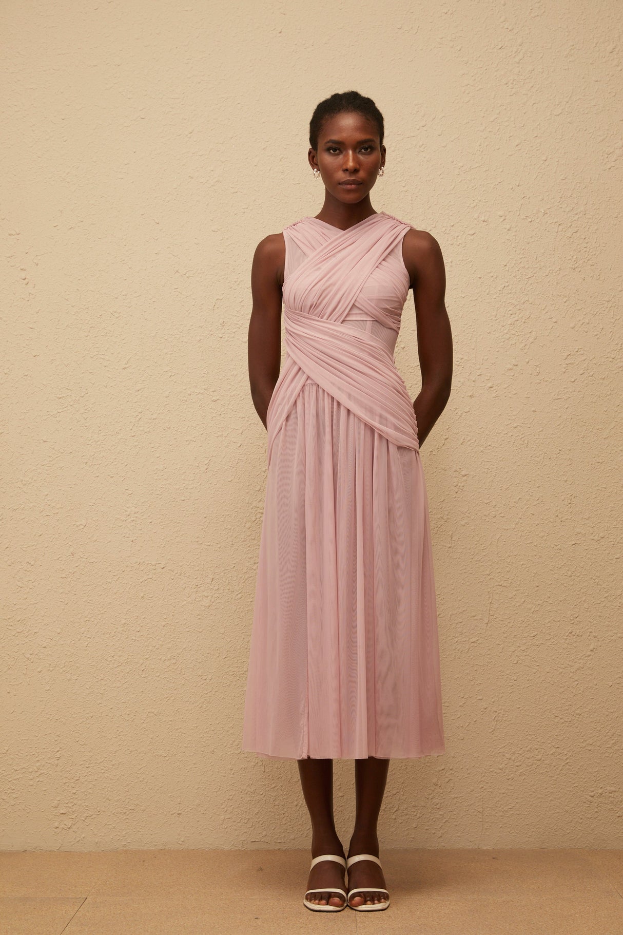 Aurohaya Sérénité Lilac Cross-Over Mesh Midi Dress