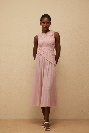 Aurohaya Sérénité Lilac Cross-Over Mesh Midi Dress