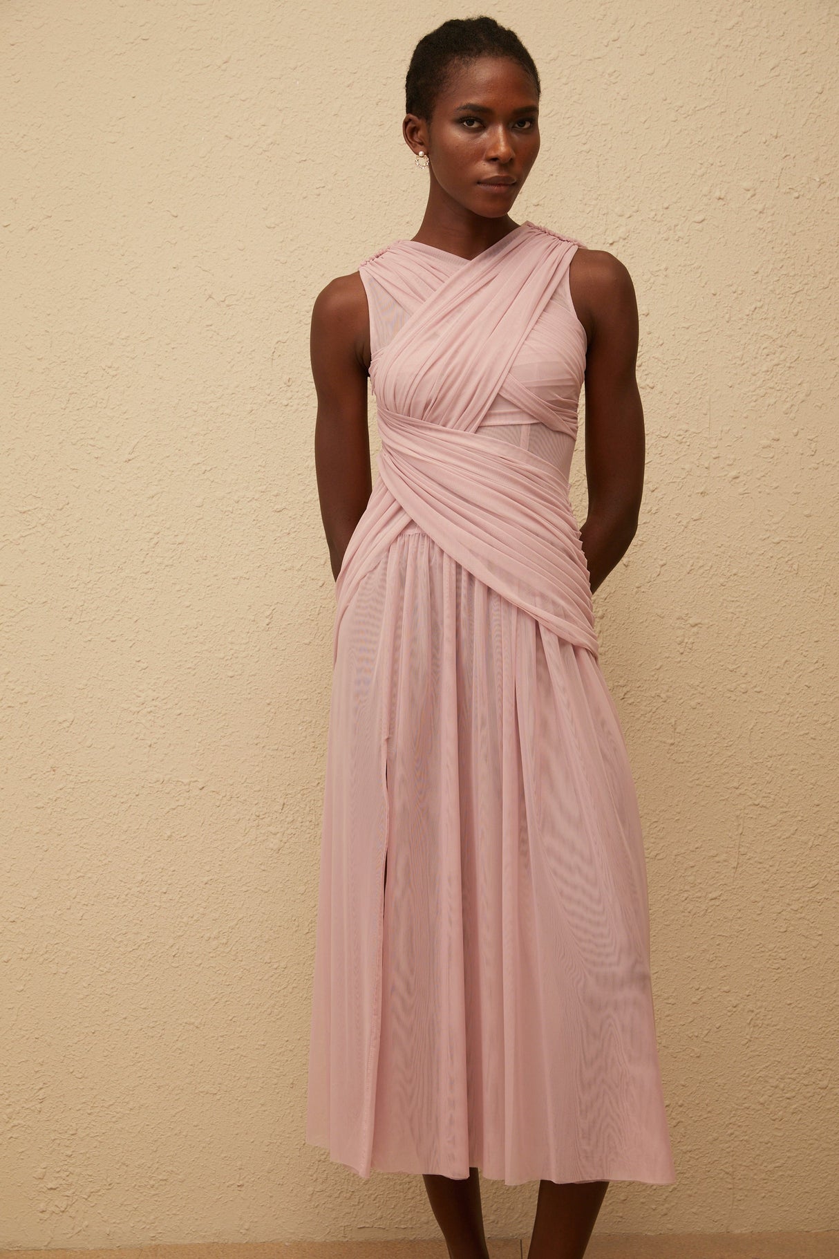 Aurohaya Sérénité Lilac Cross-Over Mesh Midi Dress