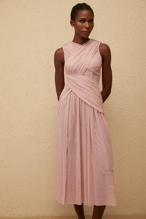 Aurohaya Sérénité Lilac Cross-Over Mesh Midi Dress