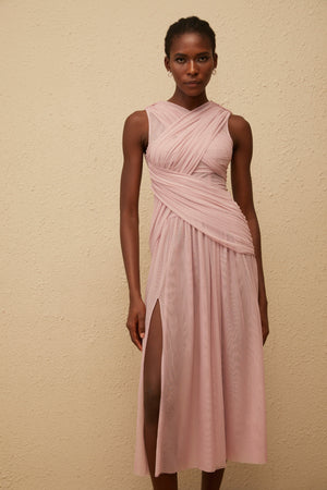 Aurohaya Sérénité Lilac Cross-Over Mesh Midi Dress