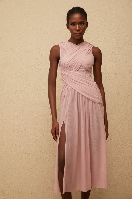 Aurohaya Sérénité Lilac Cross-Over Mesh Midi Dress