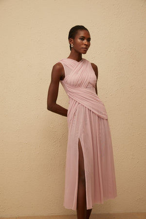 Aurohaya Sérénité Lilac Cross-Over Mesh Midi Dress