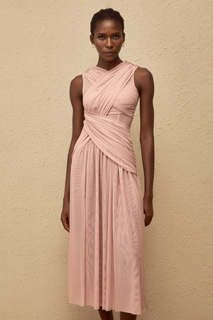 Aurohaya Sérénité Lilac Cross-Over Mesh Midi Dress