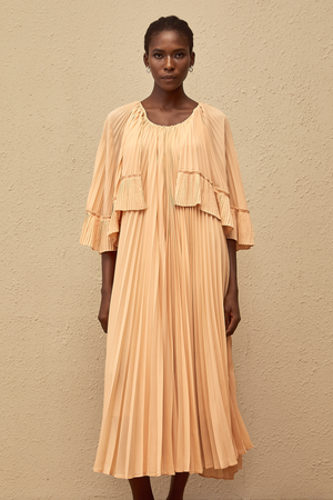 Aurohaya Urbaine Pink Cape Design Pleated Chiffon Midi Dress
