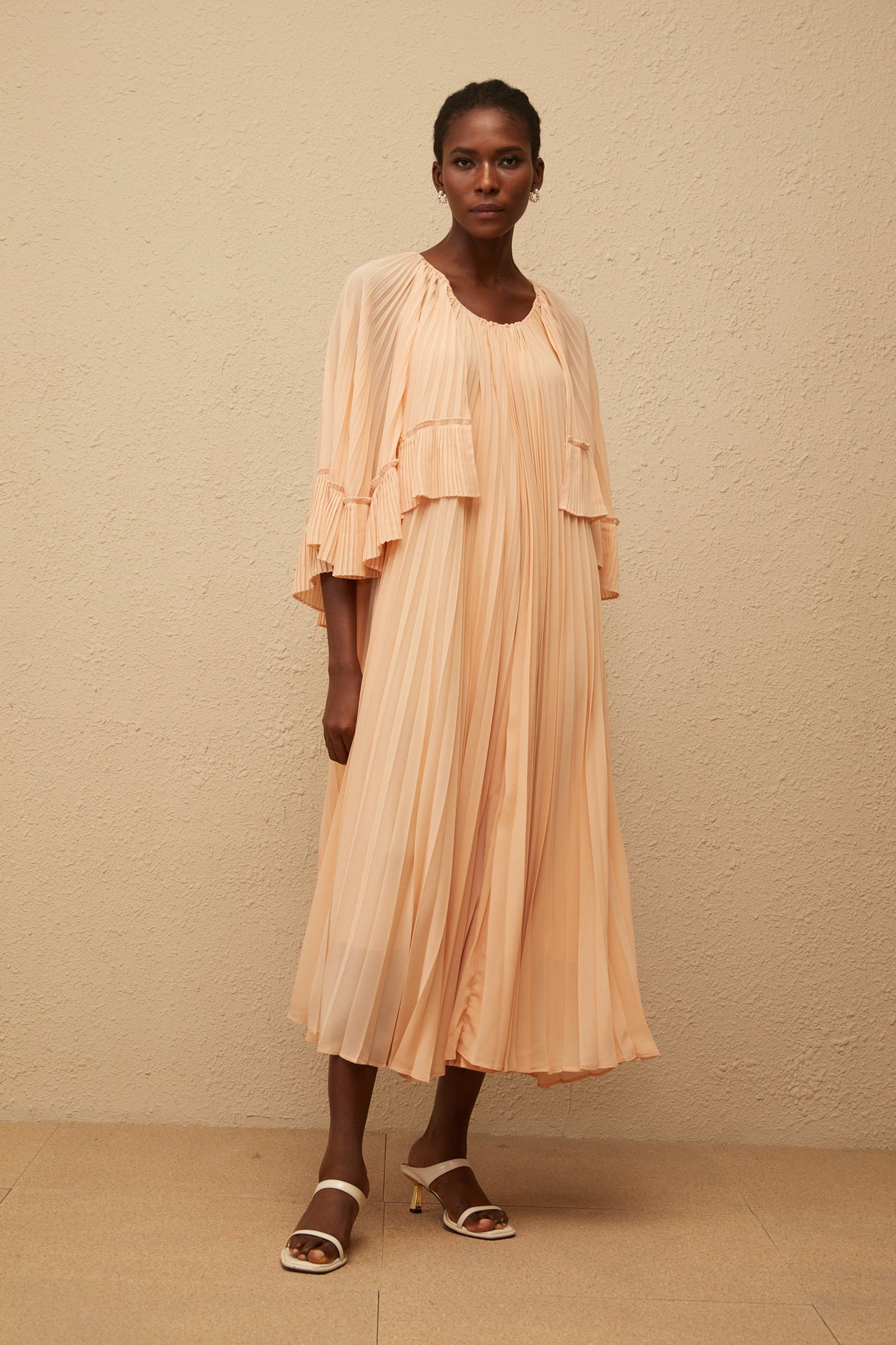 Aurohaya Urbaine Pink Cape Design Pleated Chiffon Midi Dress