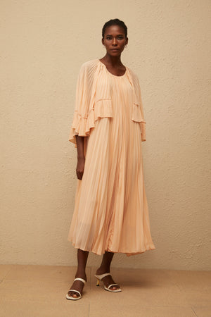 Aurohaya Urbaine Pink Cape Design Pleated Chiffon Midi Dress