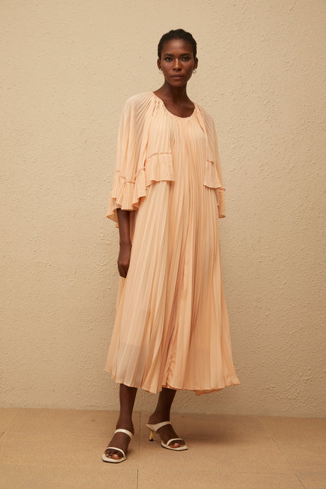 Aurohaya Urbaine Pink Cape Design Pleated Chiffon Midi Dress