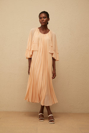 Aurohaya Urbaine Pink Cape Design Pleated Chiffon Midi Dress