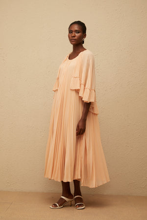 Aurohaya Urbaine Pink Cape Design Pleated Chiffon Midi Dress