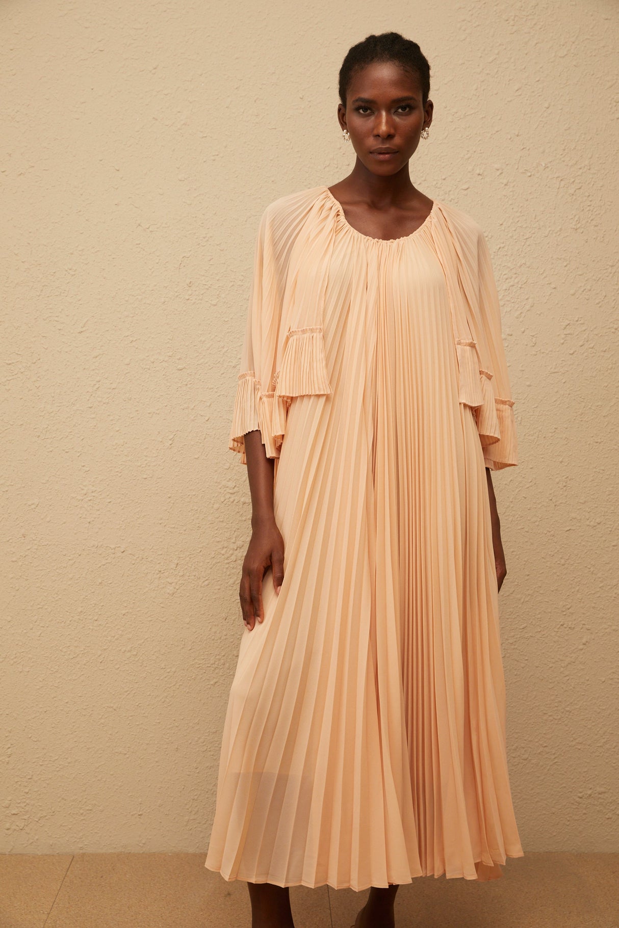 Aurohaya Urbaine Pink Cape Design Pleated Chiffon Midi Dress