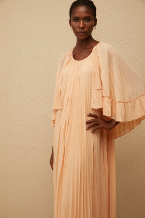 Aurohaya Urbaine Pink Cape Design Pleated Chiffon Midi Dress