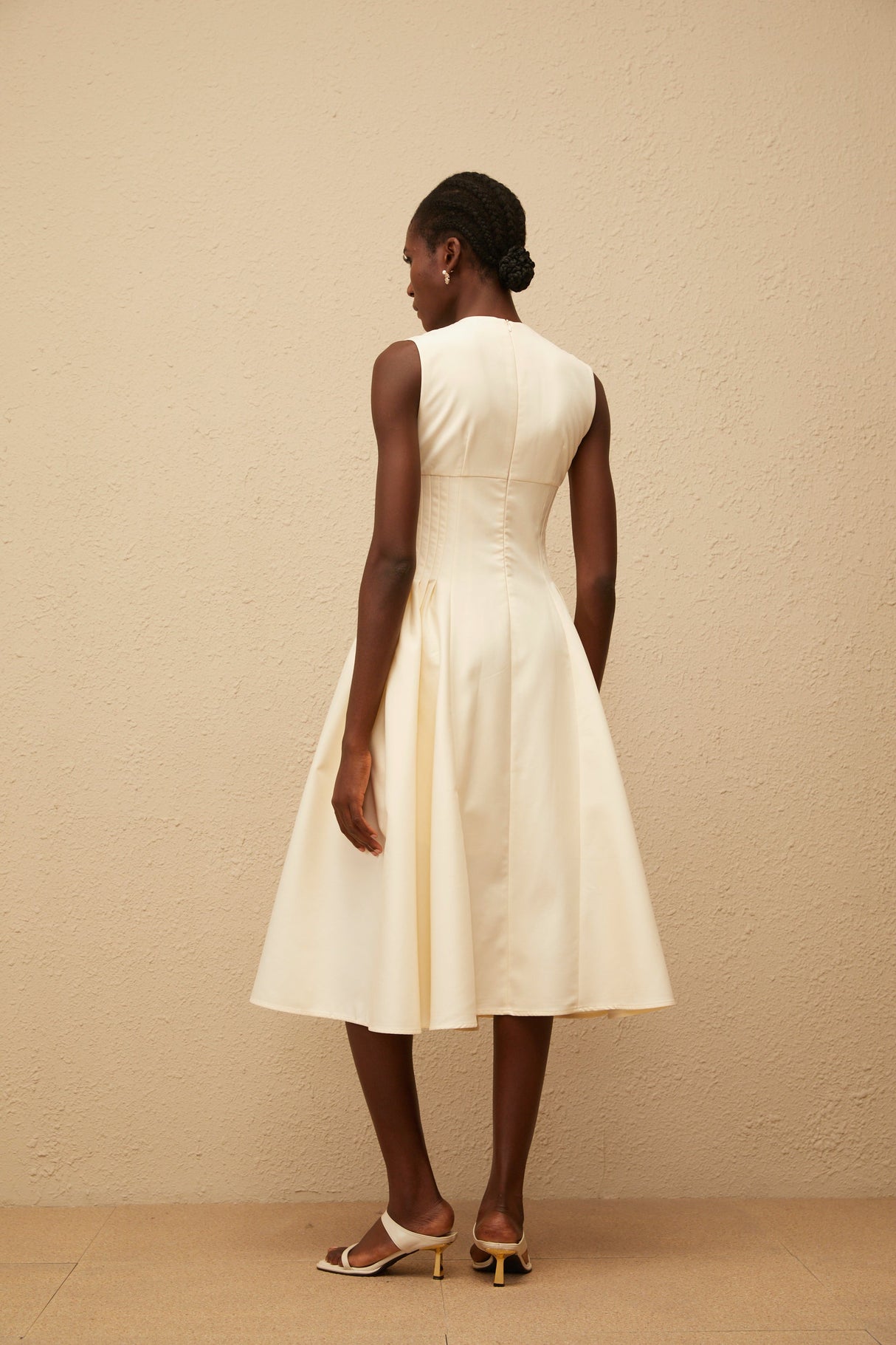 Aurohaya Velours Neutral Voluminous Midi Dress