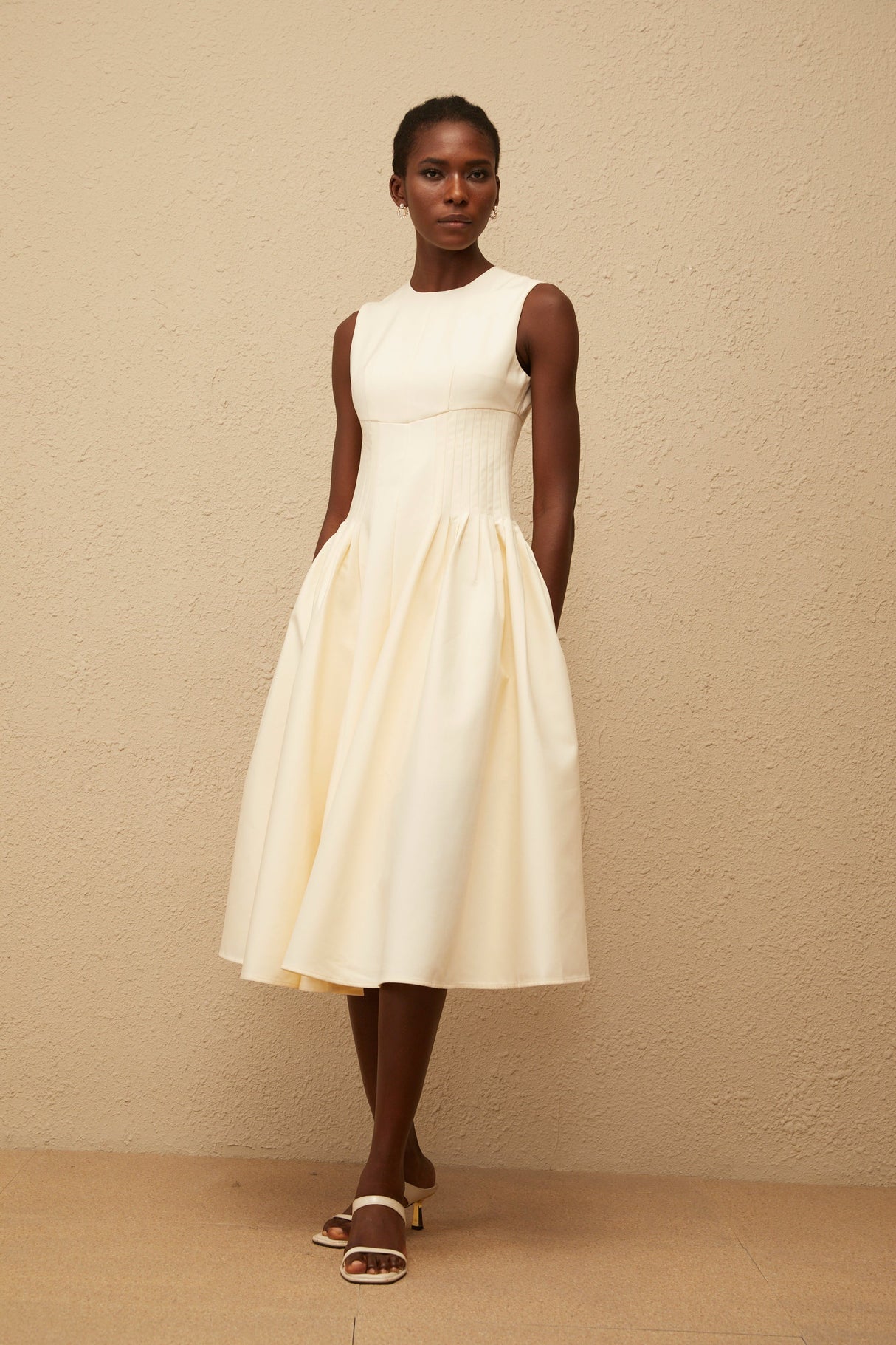 Aurohaya Velours Neutral Voluminous Midi Dress