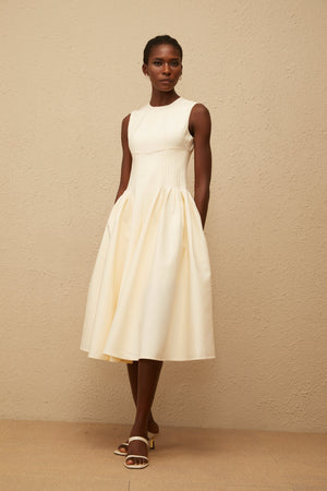 Aurohaya Velours Neutral Voluminous Midi Dress