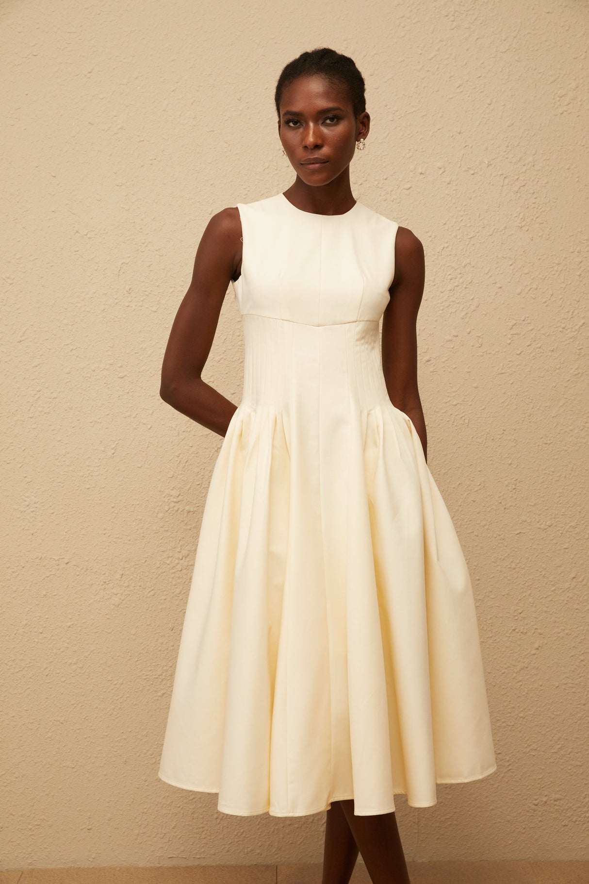 Aurohaya Velours Neutral Voluminous Midi Dress