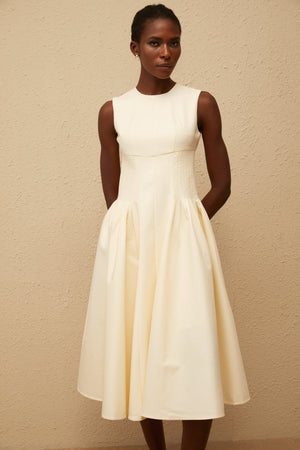 Aurohaya Velours Neutral Voluminous Midi Dress