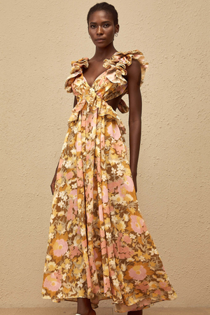 Aurohaya Adélaïde Open Back Floral Print Maxi Dress