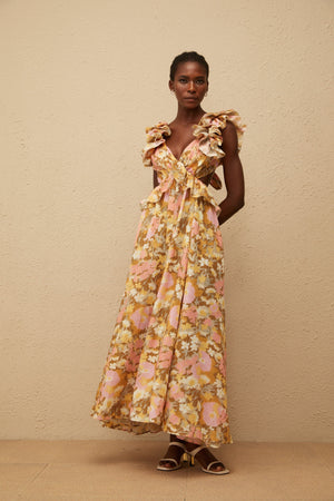 Aurohaya Adélaïde Open Back Floral Print Maxi Dress