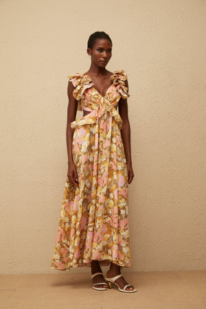 Aurohaya Adélaïde Open Back Floral Print Maxi Dress