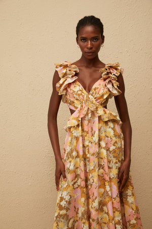 Aurohaya Adélaïde Open Back Floral Print Maxi Dress