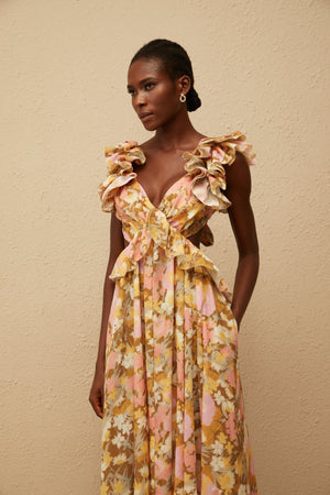 Aurohaya Adélaïde Open Back Floral Print Maxi Dress