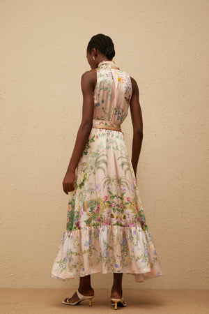 Aurohaya Madeleine Neutral Floral Print Satin Maxi Dress