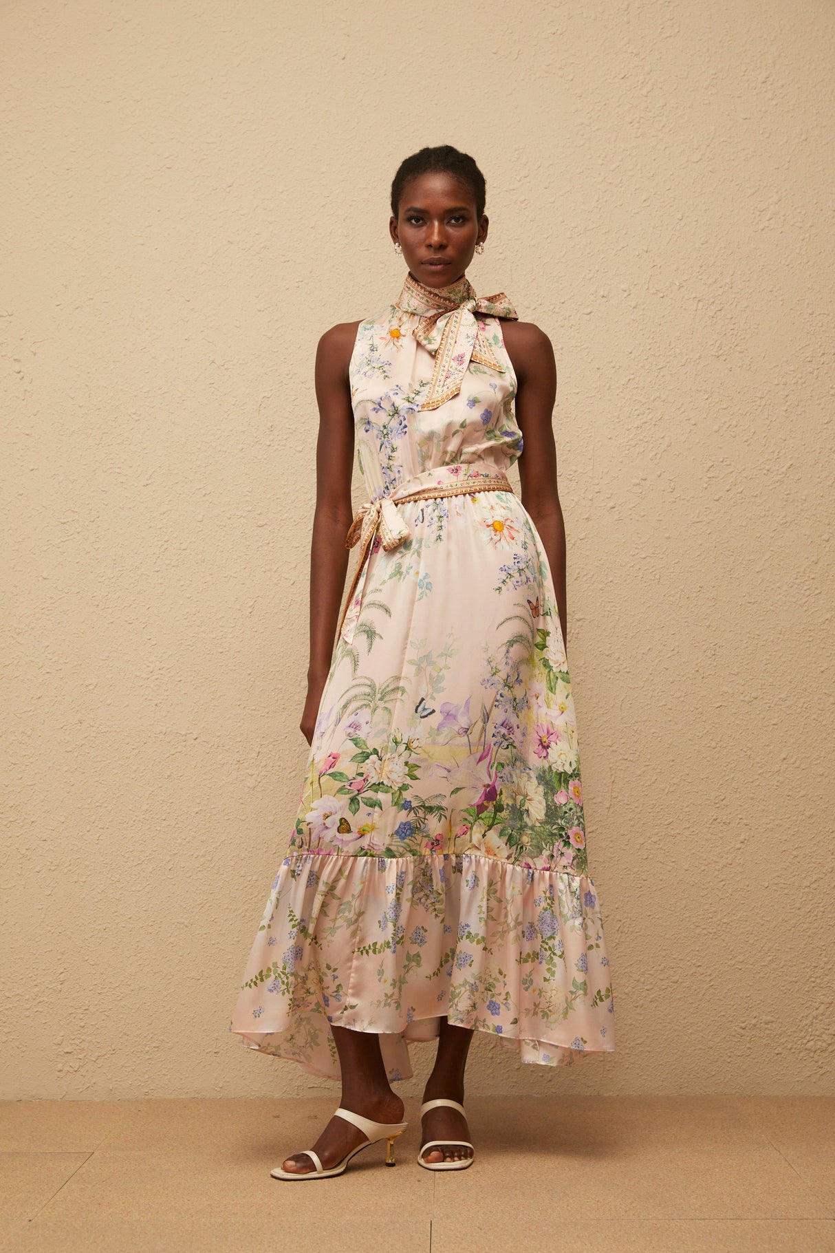 Aurohaya Madeleine Neutral Floral Print Satin Maxi Dress