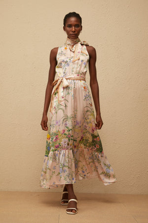 Aurohaya Madeleine Neutral Floral Print Satin Maxi Dress