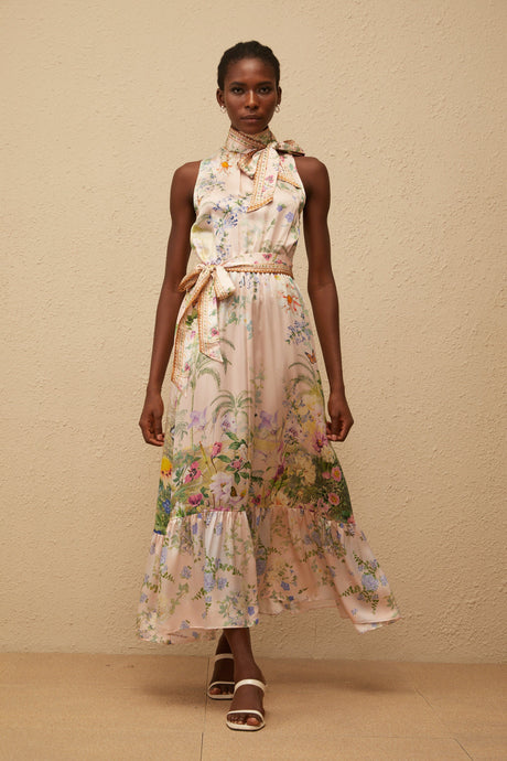 Aurohaya Madeleine Neutral Floral Print Satin Maxi Dress
