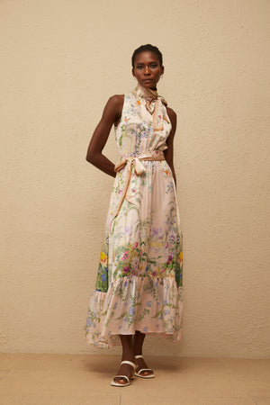 Aurohaya Madeleine Neutral Floral Print Satin Maxi Dress