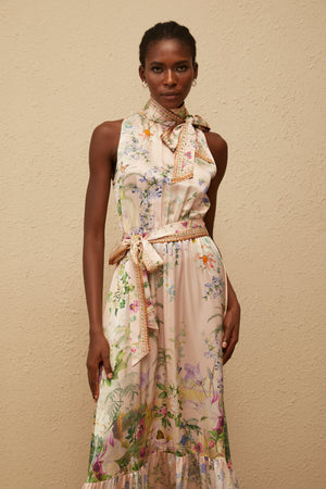 Aurohaya Madeleine Neutral Floral Print Satin Maxi Dress