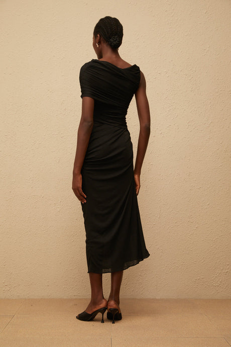 Aurohaya Latika Black One Shoulder Gathered Midi Dress