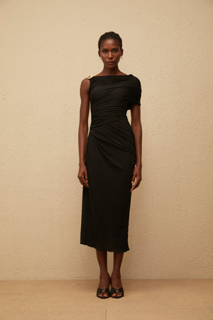Aurohaya Latika Black One Shoulder Gathered Midi Dress