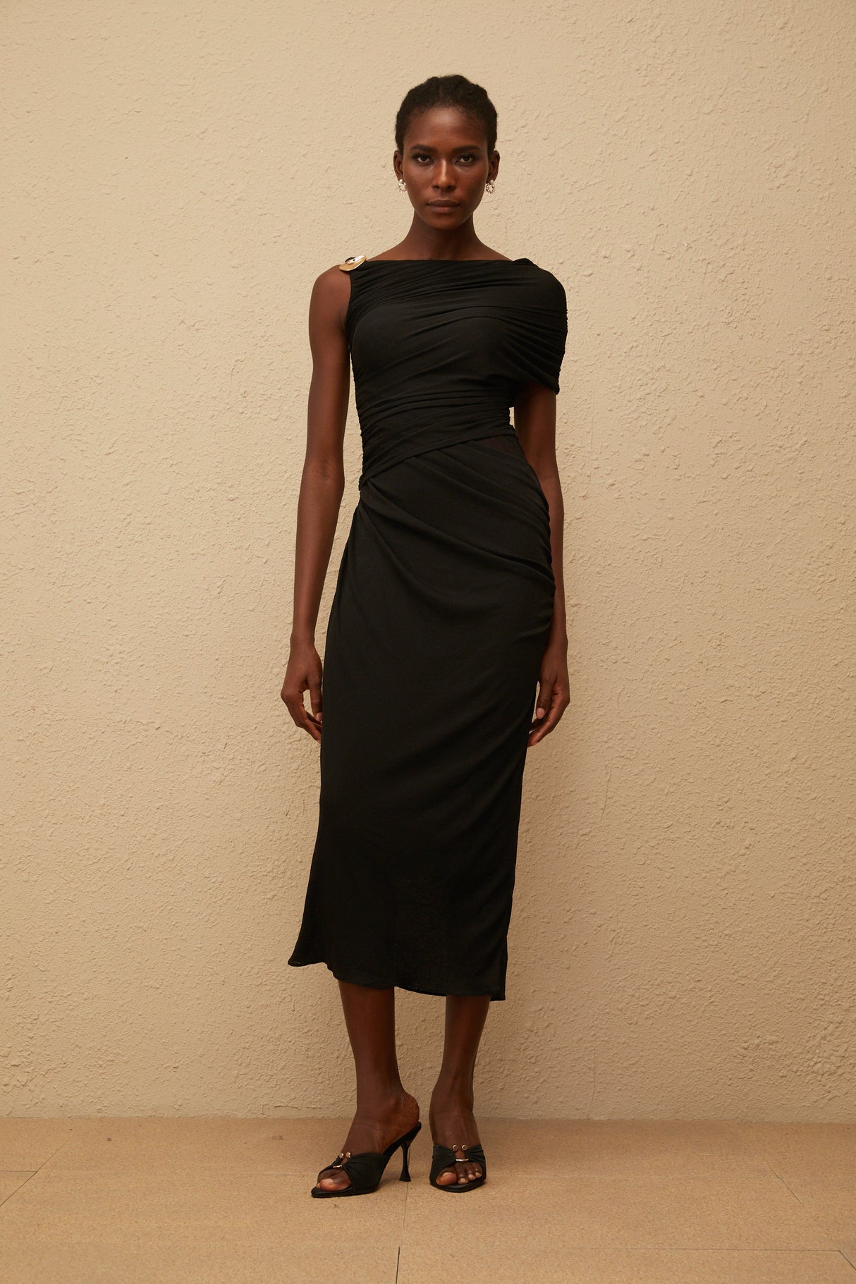 Aurohaya Latika Black One Shoulder Gathered Midi Dress