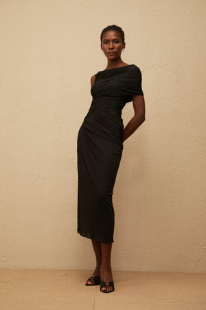 Aurohaya Latika Black One Shoulder Gathered Midi Dress