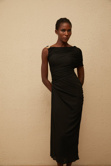 Aurohaya Latika Black One Shoulder Gathered Midi Dress