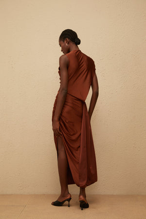 Aurohaya Reine Brown Asymmetrical Ruched Maxi Dress