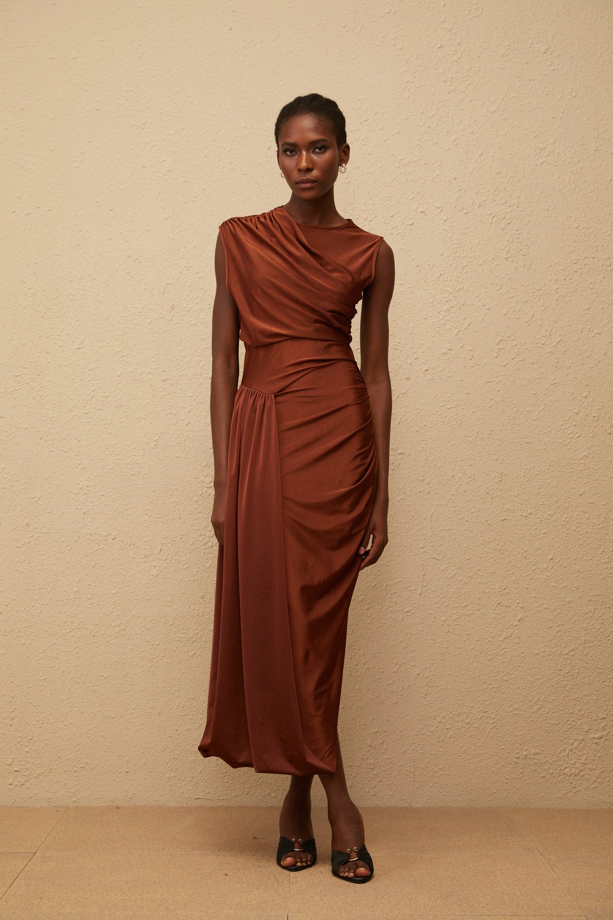 Aurohaya Reine Brown Asymmetrical Ruched Maxi Dress