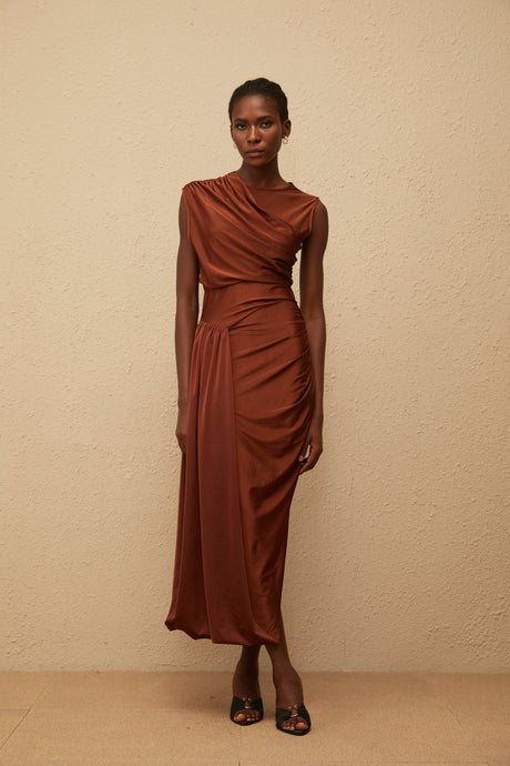 Aurohaya Reine Brown Asymmetrical Ruched Maxi Dress
