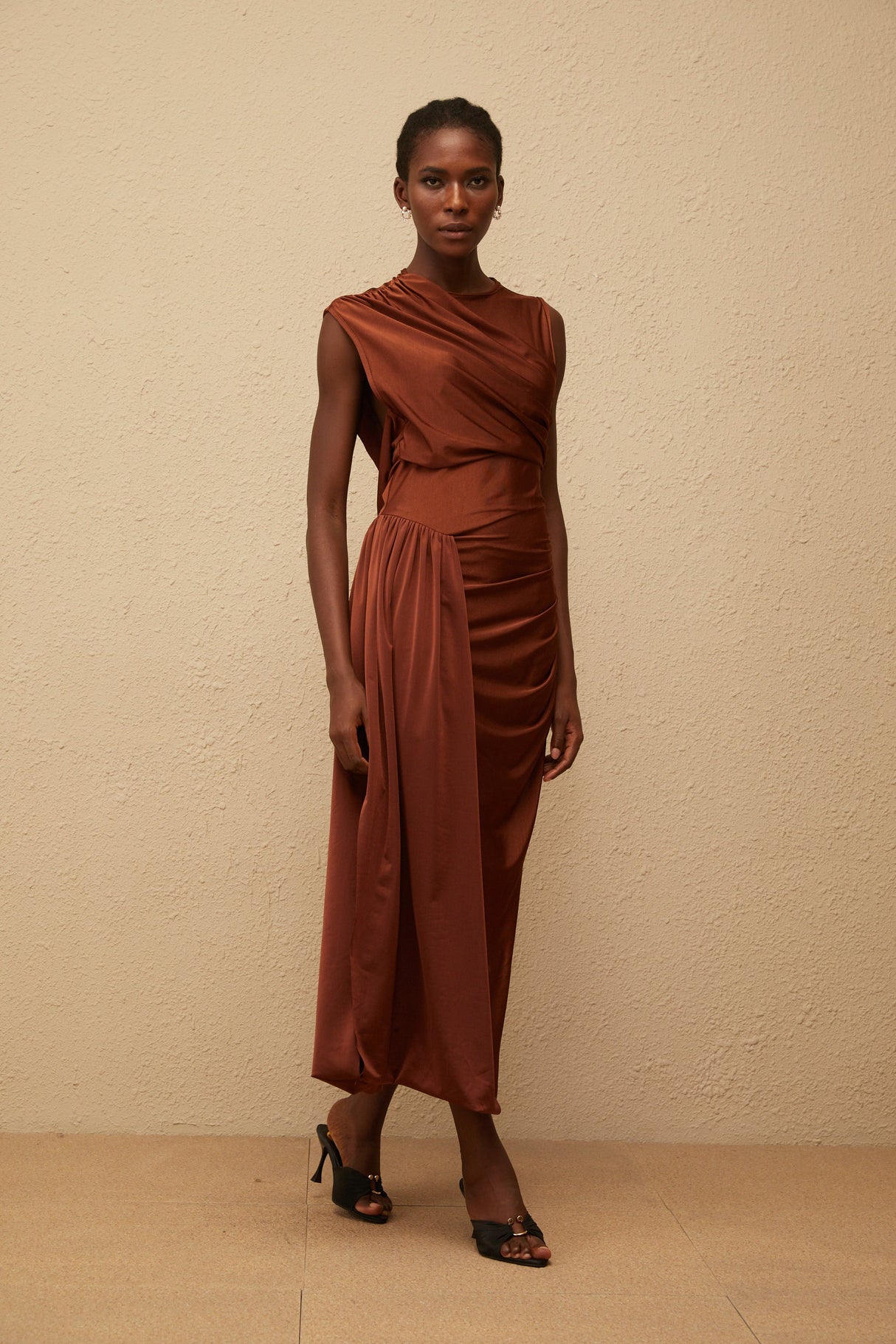 Aurohaya Reine Brown Asymmetrical Ruched Maxi Dress