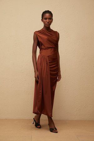 Aurohaya Reine Brown Asymmetrical Ruched Maxi Dress