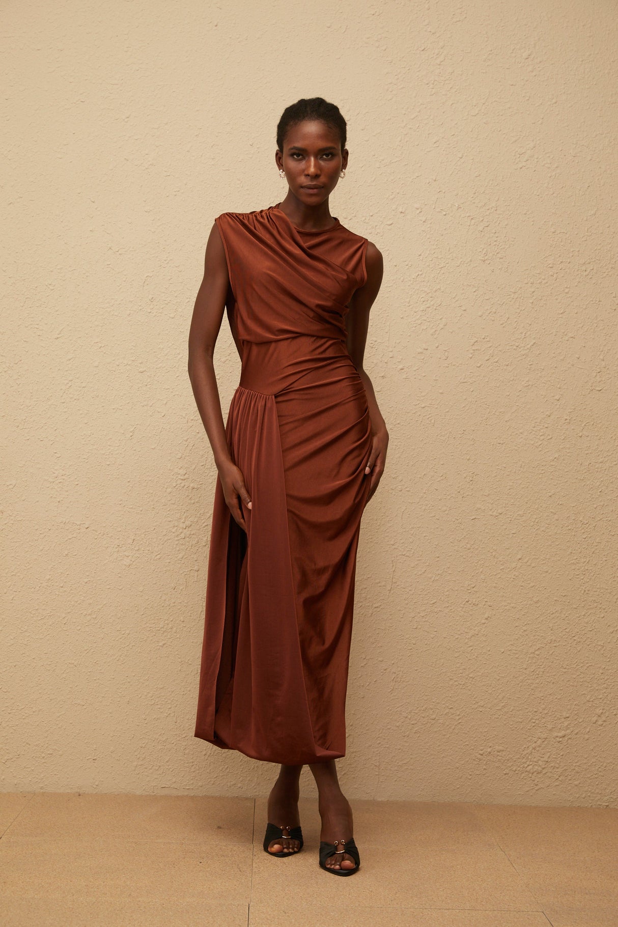 Aurohaya Reine Brown Asymmetrical Ruched Maxi Dress