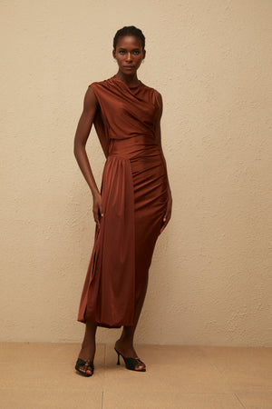 Aurohaya Reine Brown Asymmetrical Ruched Maxi Dress