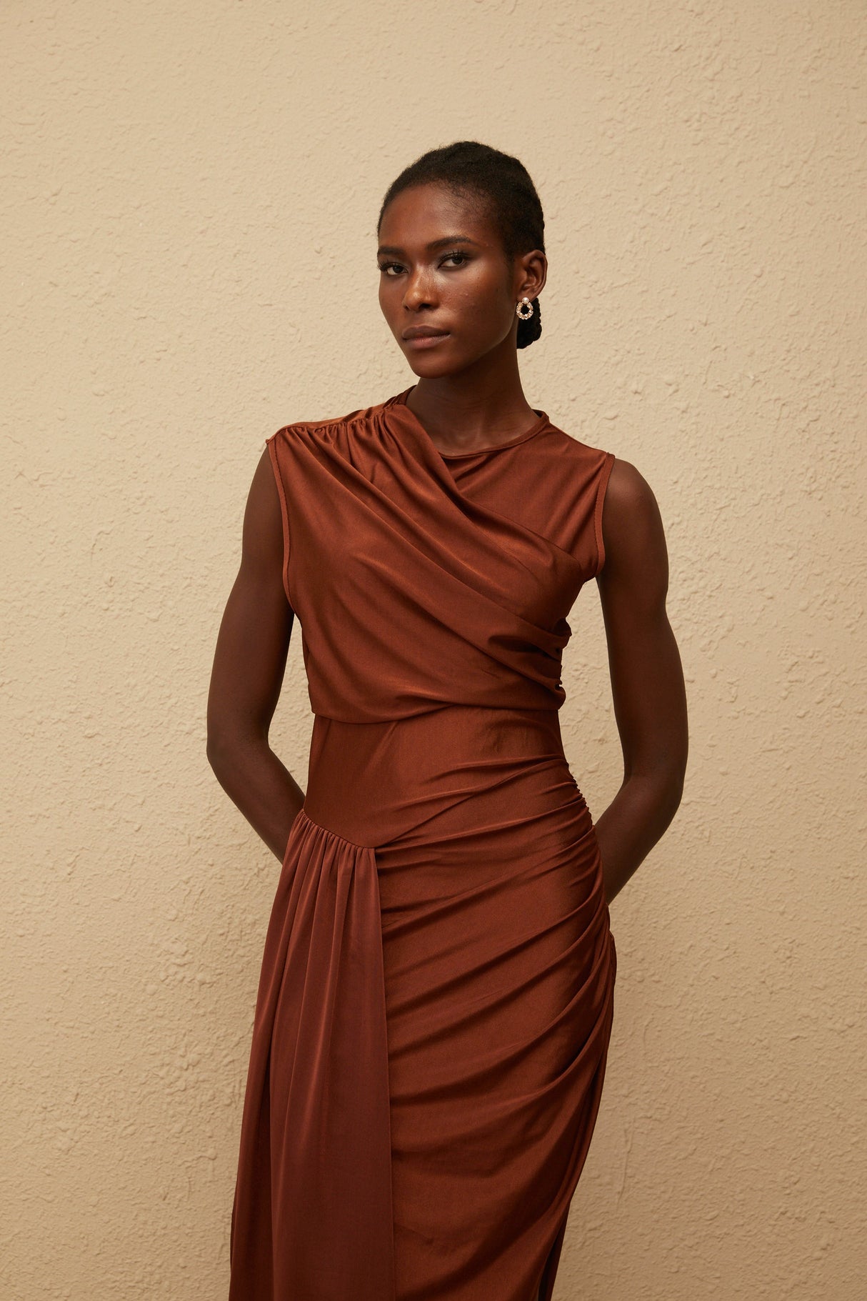 Aurohaya Reine Brown Asymmetrical Ruched Maxi Dress