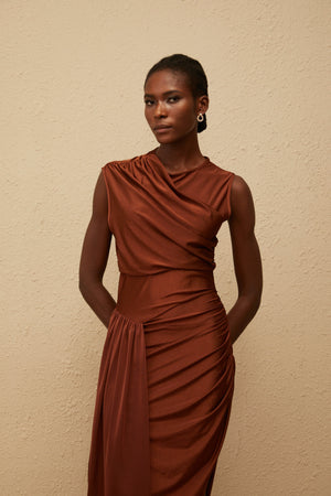 Aurohaya Reine Brown Asymmetrical Ruched Maxi Dress
