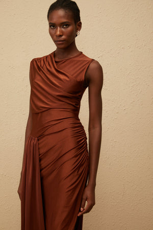 Aurohaya Reine Brown Asymmetrical Ruched Maxi Dress