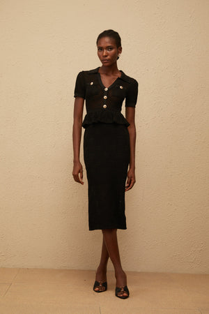 Aurohaya Theodora Black Crochet Knit Midi Dress